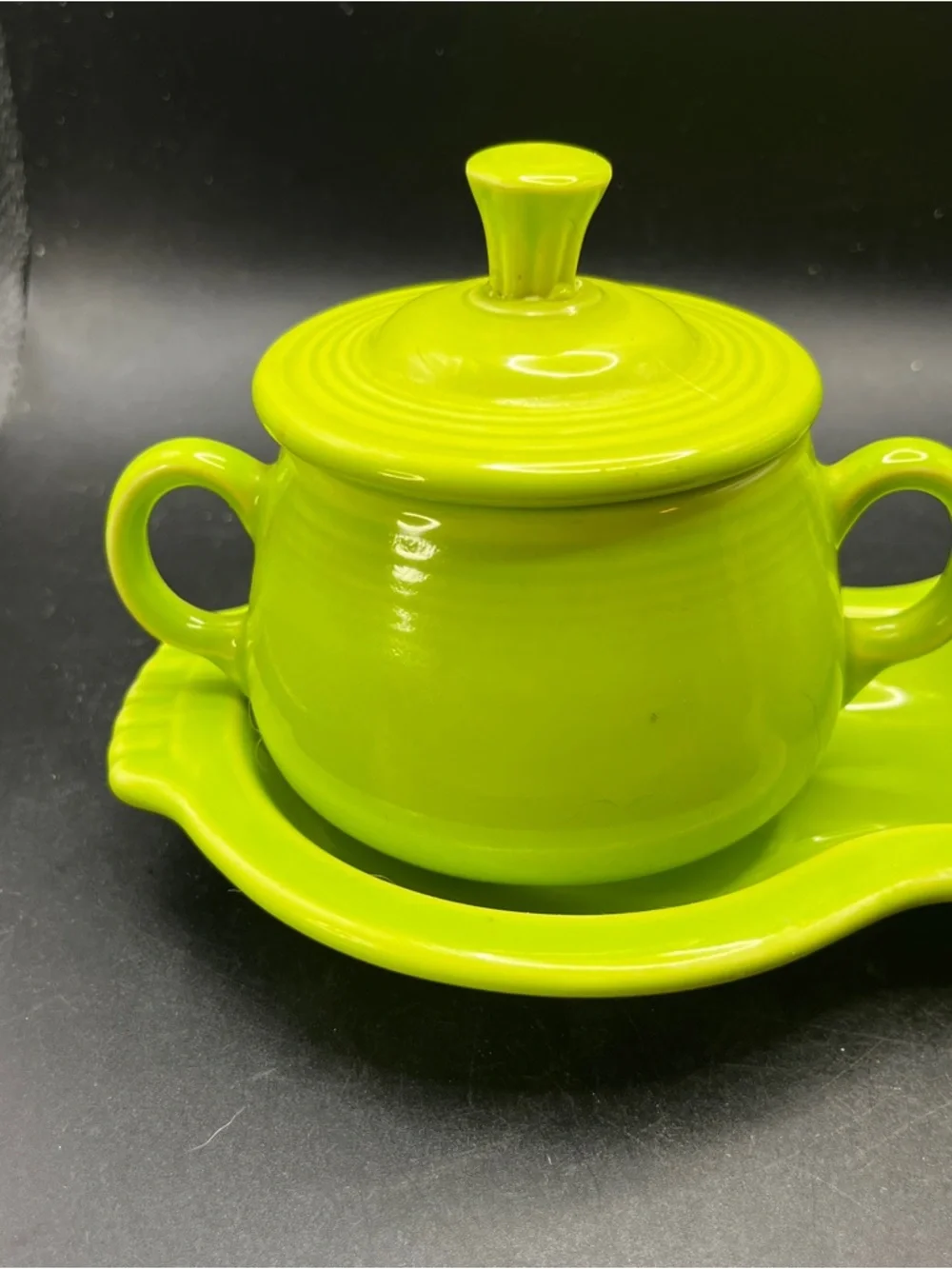 Retired Chartreuse Post 86 HLC Fiesta Creamer, Sugar with Lid and Figure 8 Tray